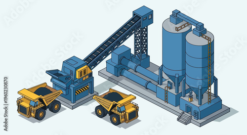 Isometric Mining Operation with Heavy Machinery and Dump Trucks.