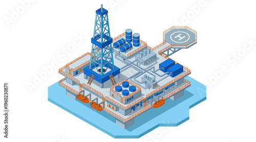 Isometric Offshore Oil Rig Platform for Energy Production.