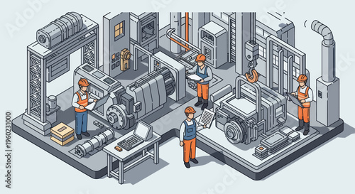 Isometric view of a busy factory floor with workers and machinery.
