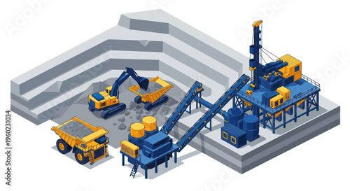 Isometric view of a large open pit mining operation with heavy machinery.