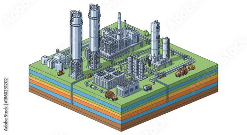 Isometric view of an industrial factory complex with underground layers.