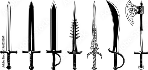 Medieval Sword and Fantasy Blade Silhouette Vector Icon Set

