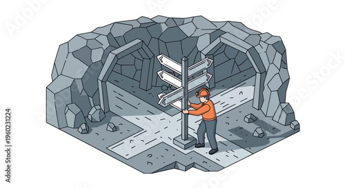 Man at a Crossroads in a Cave Making a Decision.