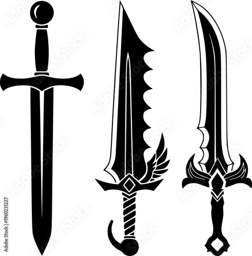 Medieval Sword and Fantasy Blade Silhouette Vector Icon Set
