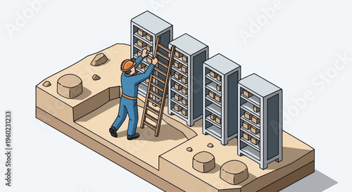 Man on a ladder organizing data servers in a digital library.