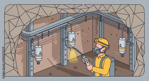Miner Inspecting Radioactive Material in Underground Facility.