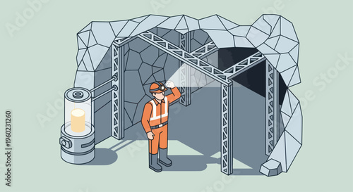 Miner Inspecting Underground Mine Structure with Headlamp.