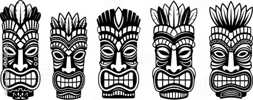 Set of tiki mask vector icon in silhouette design. summer design concepts.
