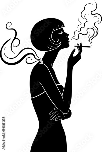 Elegant woman smoking cigarette silhouette vector illustration
