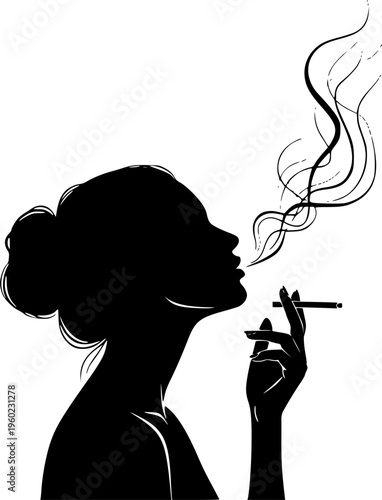 Elegant woman smoking cigarette silhouette vector illustration
