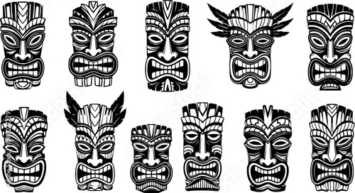 Set of tiki mask vector icon in silhouette design. summer design concepts.
