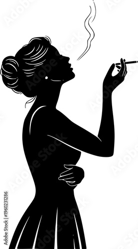 Elegant woman smoking cigarette silhouette vector illustration
