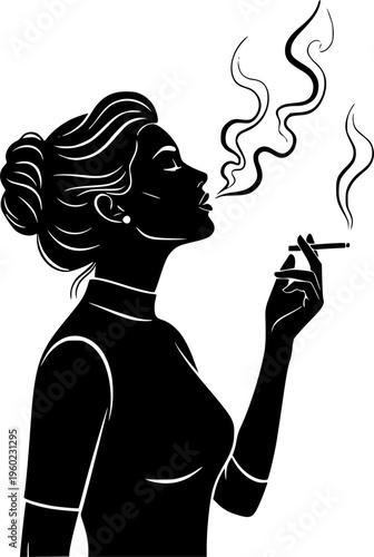 Elegant woman smoking cigarette silhouette vector illustration
