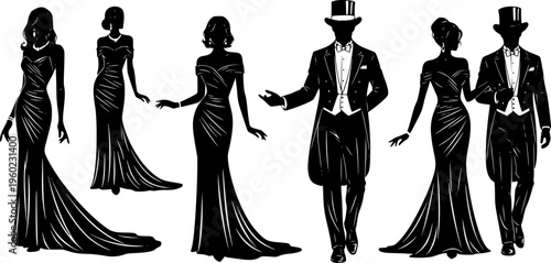 Elegant fashion silhouette set featuring women in glamorous evening gowns and men in formal tuxedos with top hats for luxury event design.
