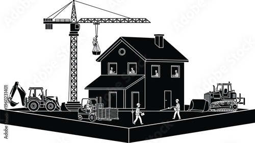 Black silhouette illustration of construction site with house building, crane lifting worker, bulldozer, backhoe loader, forklift carrying materials, and workers representing teamwor