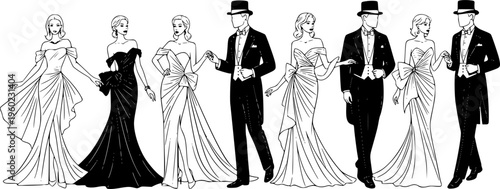 Elegant fashion silhouette set featuring women in glamorous evening gowns and men in formal tuxedos with top hats for luxury event design.
