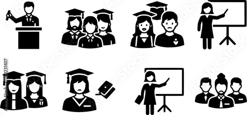 Set of black solid education icons featuring various student profiles, university graduates in caps, professional teachers, and academic instructors giving lectures
