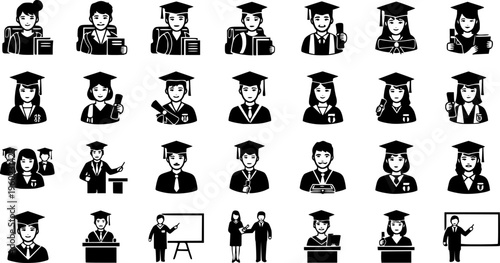 Set of black solid education icons featuring various student profiles, university graduates in caps, professional teachers, and academic instructors giving lectures