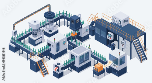 Modern automated beverage bottling production line illustration.