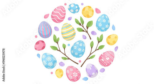 Colorful Easter eggs and bunnies decorate a floral branch in a pastel-colored illustration for Easter Sunday celebration