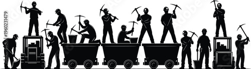 Black silhouette illustration of miners with helmets using pickaxes, shovels, carts, and forklifts at mining site representing teamwork, manual labor, and resource extraction industry