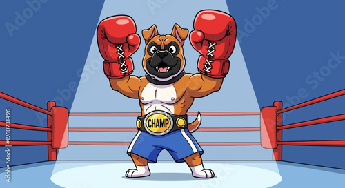 Cartoon dog wearing boxing gloves and championship belt in a ring.