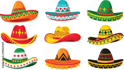 Collection of colorful Mexican sombreros with unique decorative patterns, zigzags, diamonds, stars, and tassels arranged in grid illustration representing cultural heritage and festive celebration