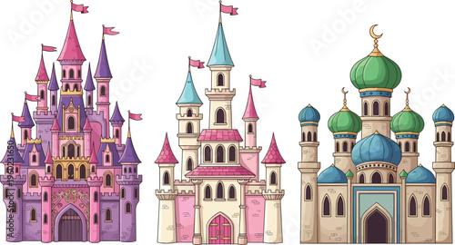 Colorful cartoon castles with whimsical towers, domes, and ornate architecture showcasing fairy-tale fantasy, cultural diversity, and imaginative design elements for creative illustration artwork