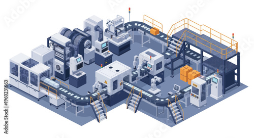 Modern automated factory production line with robotic arms and conveyor belts.