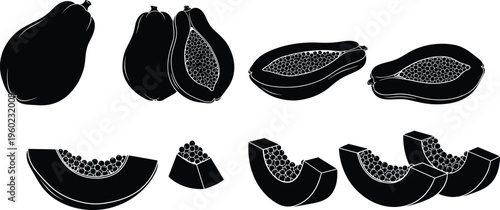 papaya illustration set, black white tropical fruit art, sliced papaya collection, minimal vector design, healthy organic food concept, isolated background