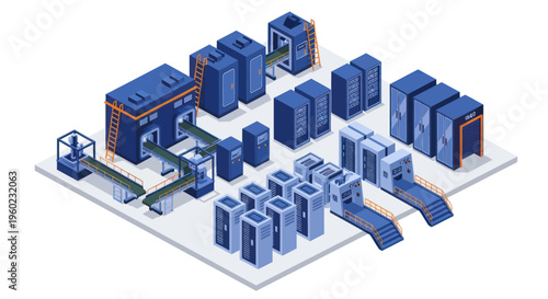 Modern Data Center Server Racks and Network Equipment Isometric View.
