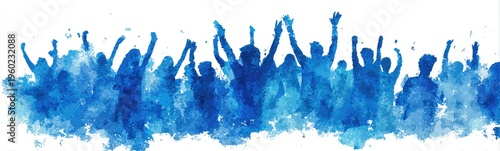 Watercolor depiction of a crowd with raised arms, silhouettes in blue