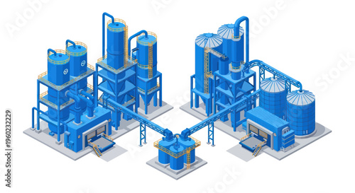 Modern Industrial Chemical Plant with Blue Tanks and Pipes.
