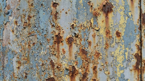 Rusted metal texture with peeling paint and corrosion, industrial aged surface.