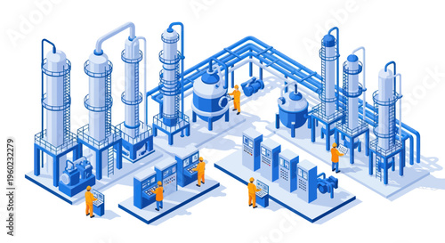 Modern Industrial Chemical Plant with Workers and Equipment.