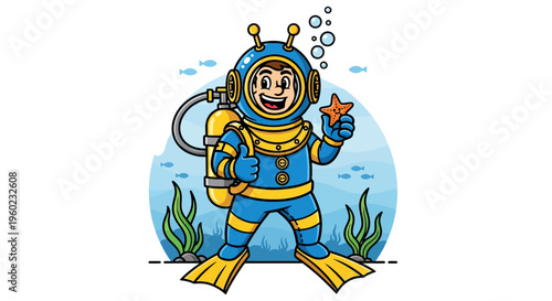 Smiling cartoon scuba diver underwater scene.