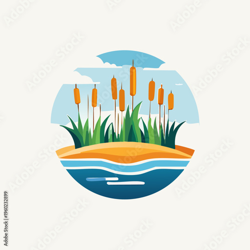 Stylized Vector Illustration of Cattails by the Water.