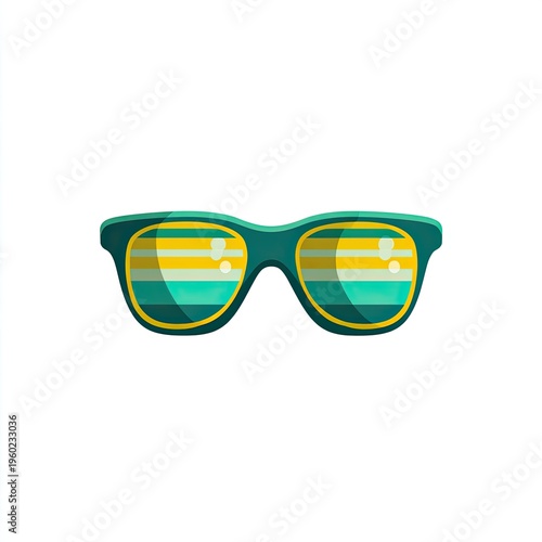Flat vector illustration of sunglasses with green frames and striped lenses reflecting light