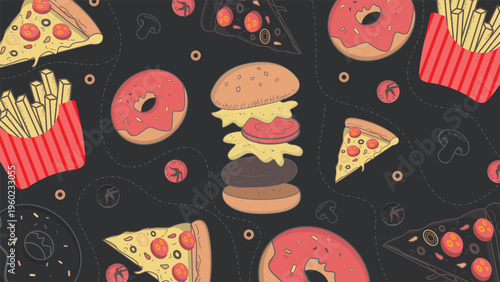 Fast Food Doodle Background with Burger Pizza Donut Fries on Dark Pattern