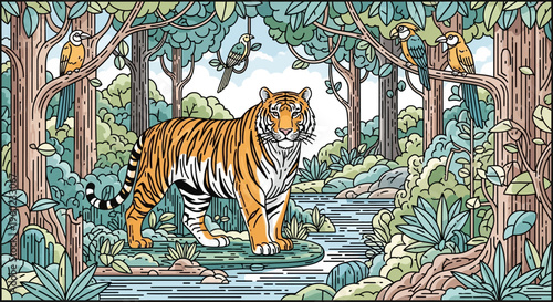 A tiger standing in a forest stream.