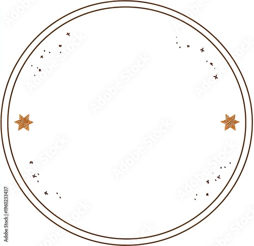 Brown circular frame with textured edges, small stars, and random dot details, white interior