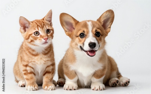 Adorable orange kitten and puppy sit together smiling at the camera.