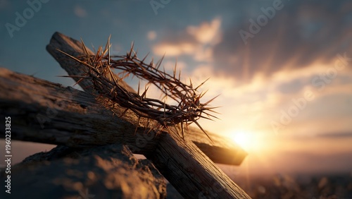 Crown of Thorns on Wooden Cross Against Golden Sunset Sky