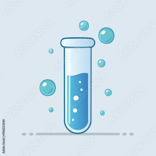 Test tube with blue liquid and bubbles in science lab.