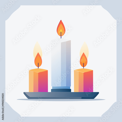 Three colorful burning candles on a holder illustration.