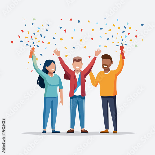 Three diverse friends celebrating success with confetti.