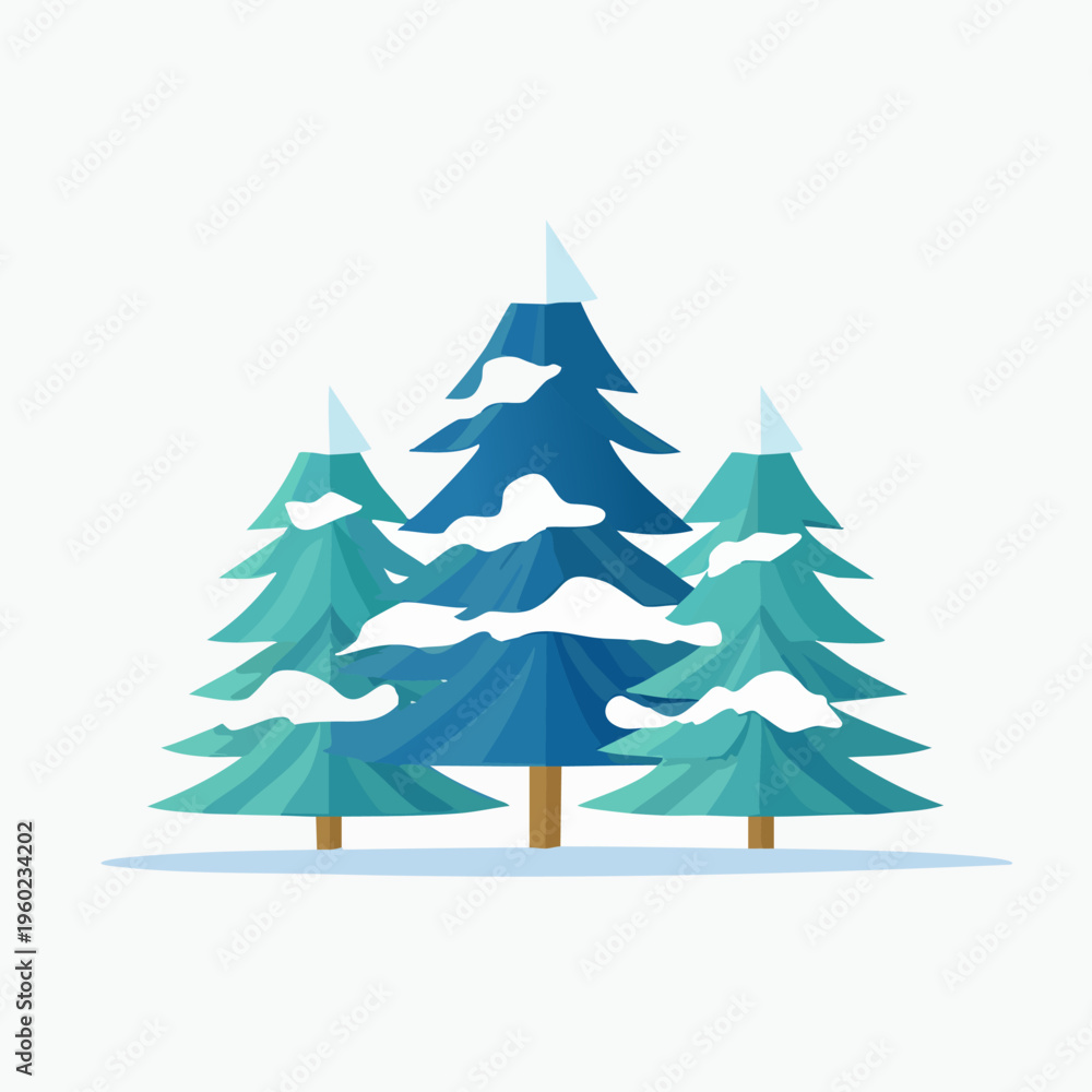 Obraz premium Three snow-covered pine trees stand together in a winter landscape.