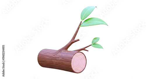 Log with growing leaves, 3D render