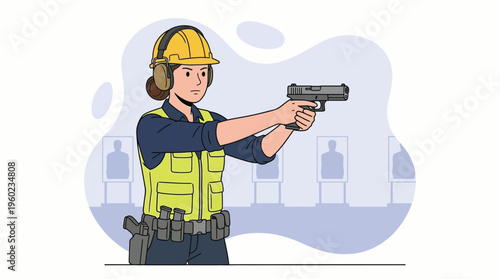 Focused Woman in Safety Gear Training with a Handgun at an Indoor Shooting Range, Emphasizing Precision and Discipline.