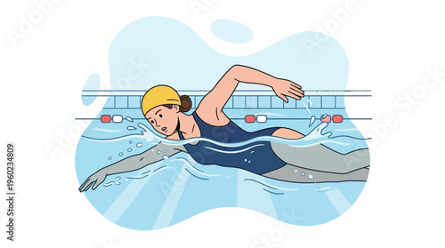 Dynamic illustration of a focused woman swimming in a pool, wearing a swim cap and suit, demonstrating a healthy and active lifestyle through aquatic sports